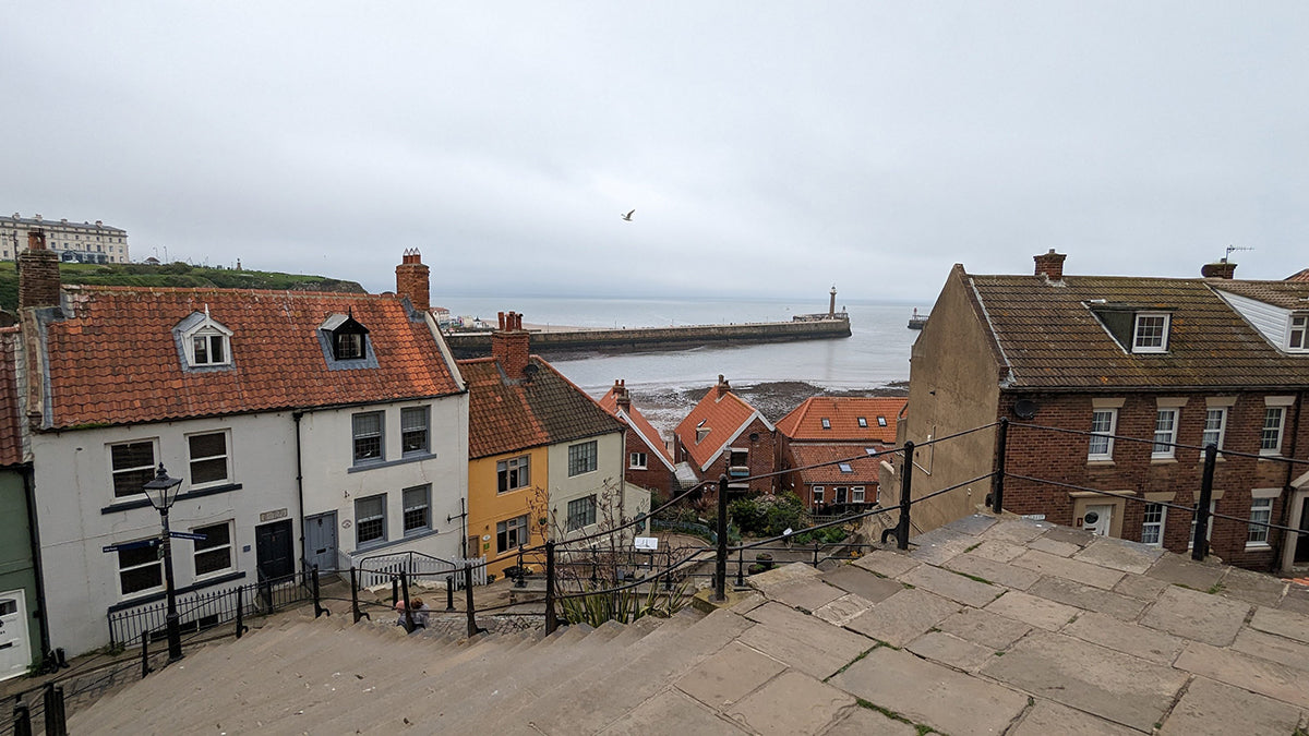 Whitby bay, with houses sloping down to the water.