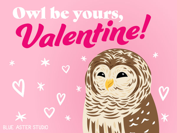 An illustrated Valentine's day card featuring a barred owl saying "Owl be yours, Valentine!"