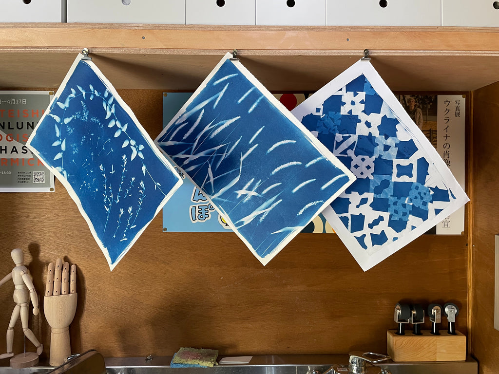 Finished cyanotypes hanging in the Art Island Center studio.