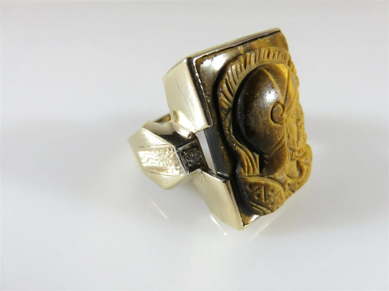 Carved Roman Soldiers In Profile 10K Gold Tigers Eye Diamond Ring Size