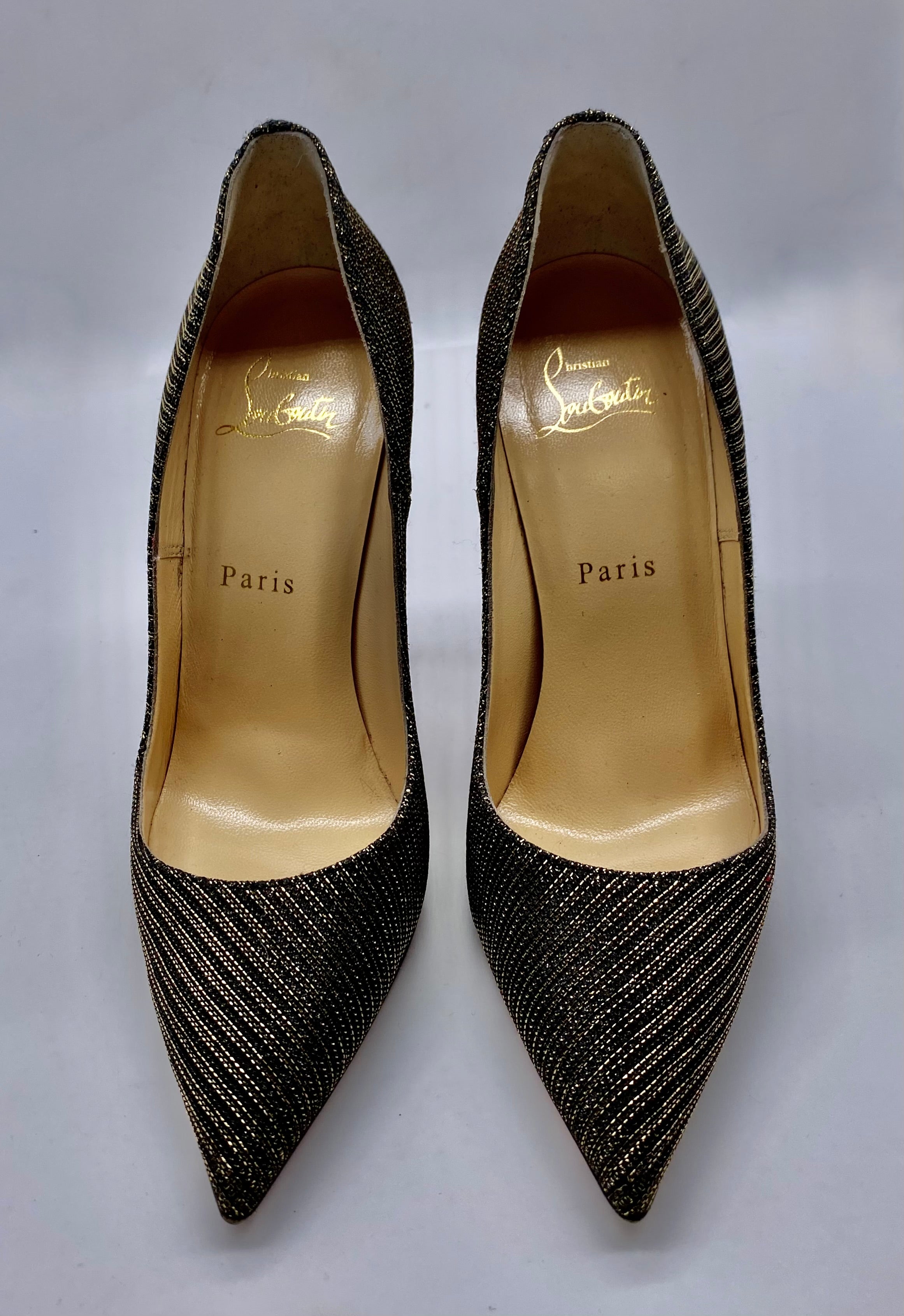 CHRISTIAN LOUBOUTIN Black Gold Pointy Toe Pump | Size 37 1/2