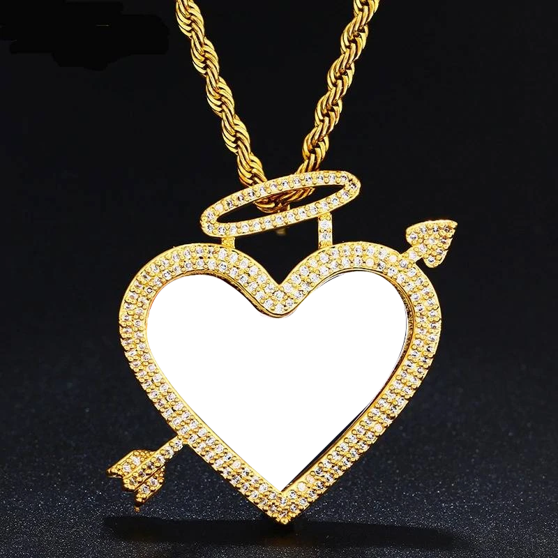 Trend Heart Arrow Memory Custom Picture Pendant Necklace Solid Back Micro Pave Charm With Angel Halo Men's Hip Hop Jewelry