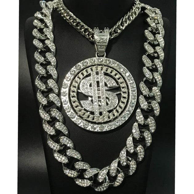 Hip Hop Men Gold Sliver Necklace Ice Out Crystal Miami Dollar Sign Roc