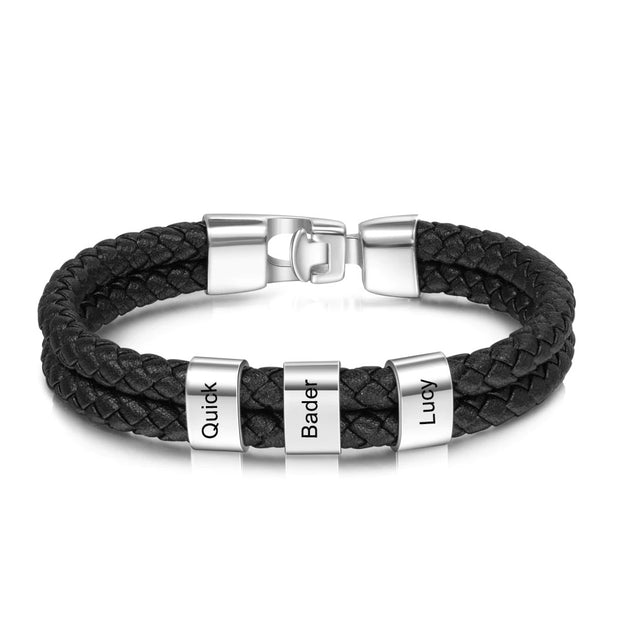 Personalized Engraved Family Name Beads Bracelets Black Braided Leather Stainless Steel Bracelets for Men