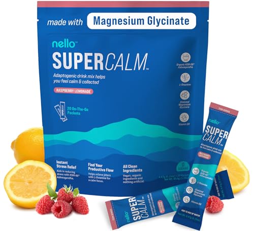 Nello Supercalm Drink Mix - Ashwagandha KSM 66, Magnesium Glycinate & L-Theanine Supplement, Vitamin D3 - Ashwagandha Root Extract - Focus & Cortisol Support (20 Travel Packets)