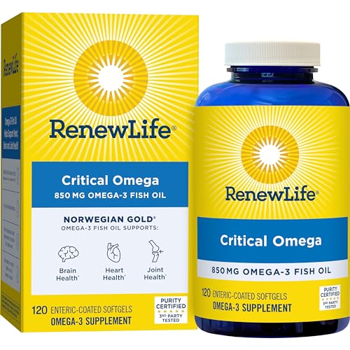 Renew Life Norwegian Gold Critical Omega Softgels, Daily Supplement Supports Heart, Brain and Joint Health, EPA and DHA Omega-3 Fish Oil, Dairy and gluten-free, 850 Mg 120 Count