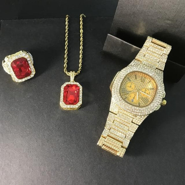 Luxury Men Gold Diamond Watch Men Watch & Red Ruby Ring Combo Set Ice Out Cuban Diamond Gold Watch Hip Hop Jewelry Set For Men