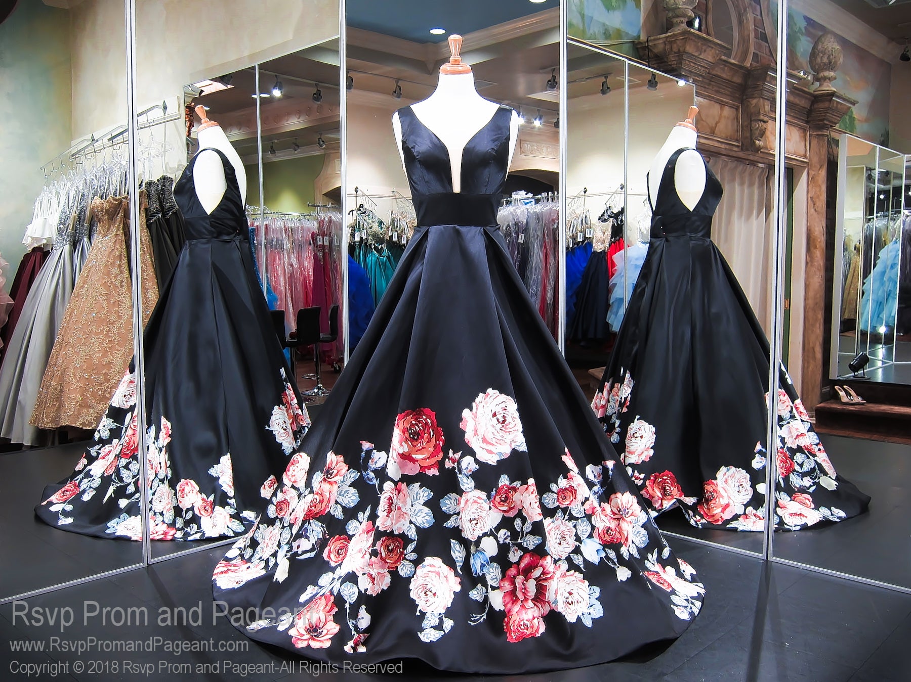 black prom dress with flowers on bottom