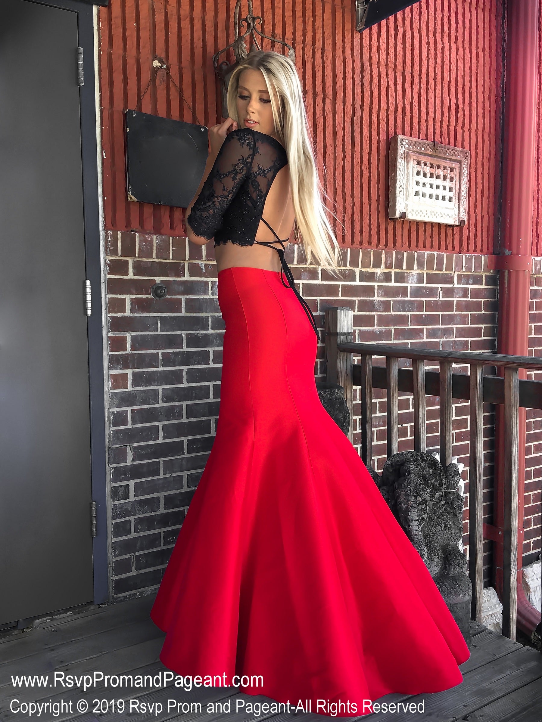 red and black 2 piece prom dress