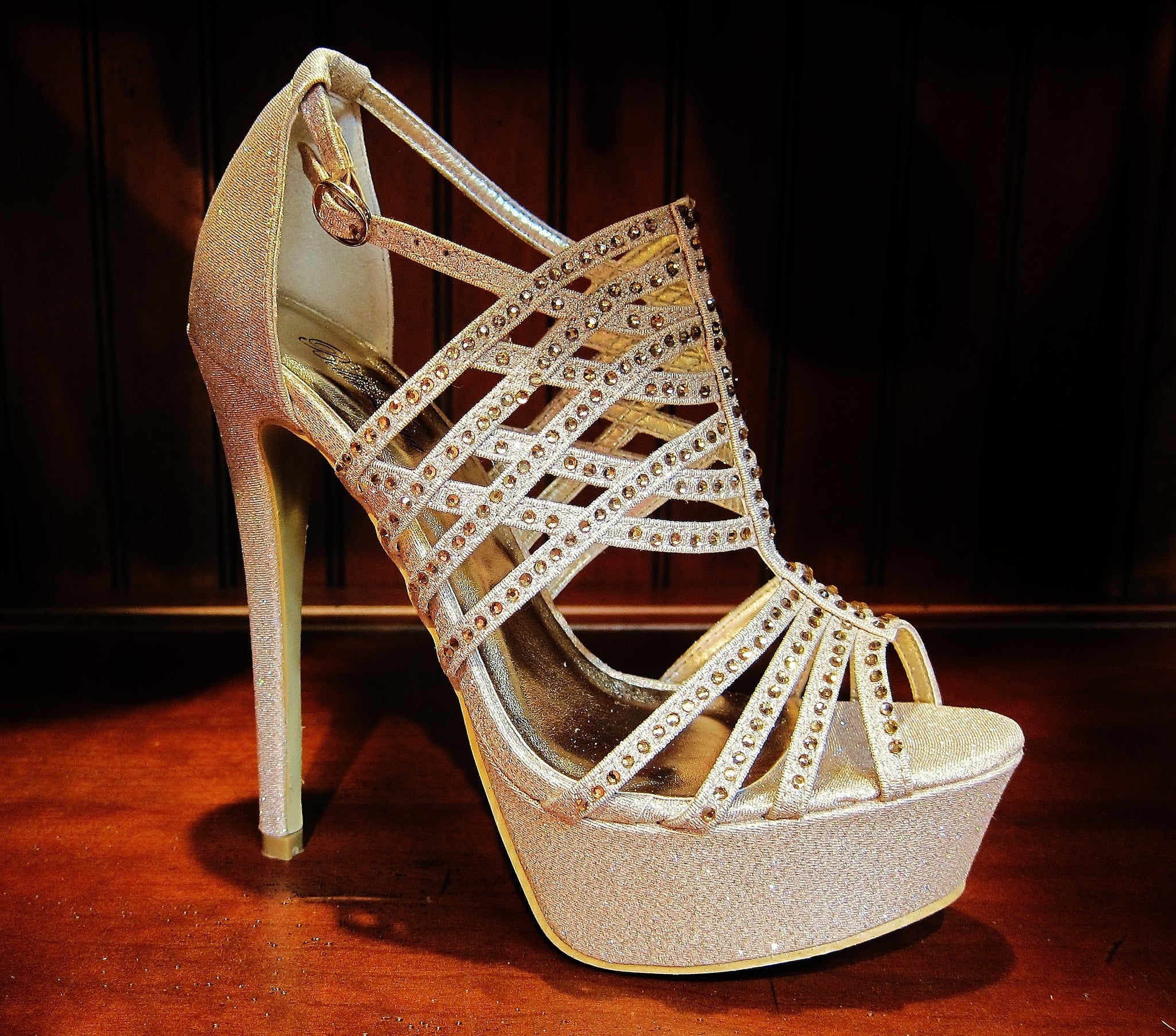 gold rhinestone platform heels