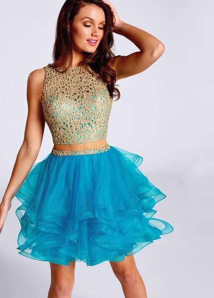 Two Piece Teal/Gold Lace High Neckline Homecoming Dress - USE 