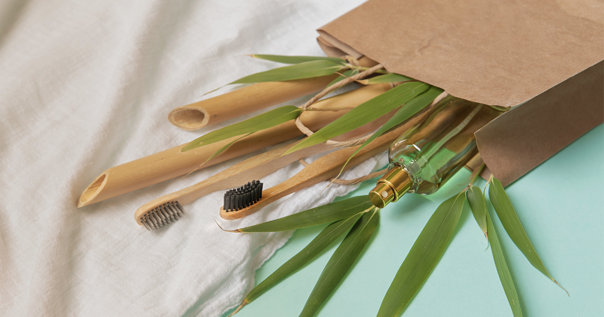 Eco friendly bamboo toothbrush with a bamboo leaf in a paper bag
