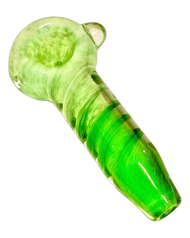 An image of a white and green Capped Frit Internal Twist Spoon Pipe.