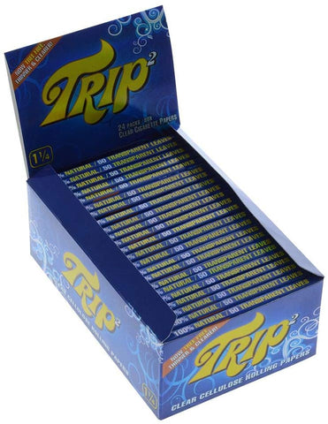 An image of a box of Trip2 1 1/4 Clear Rolling Papers.