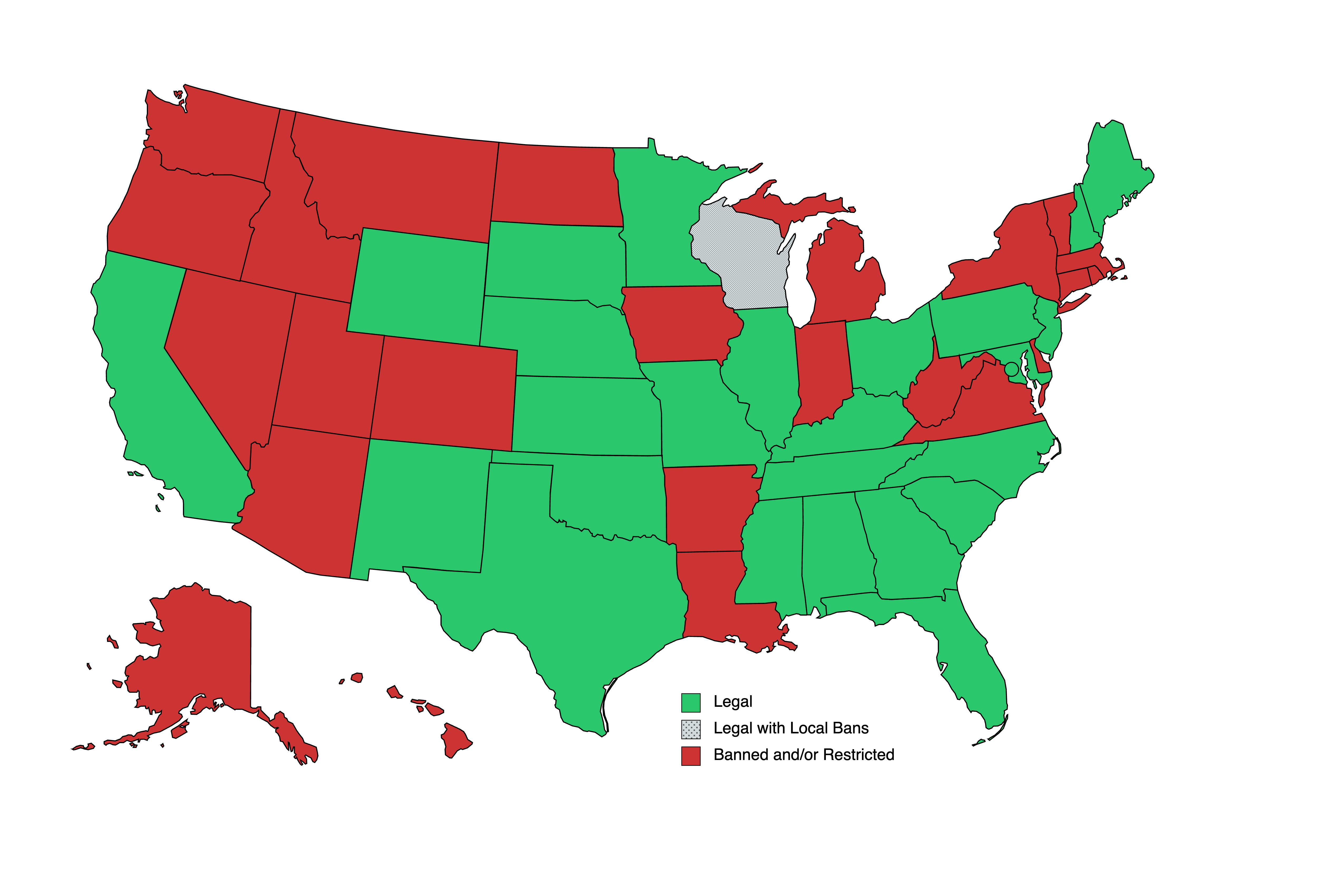 A map of the US states where delta 8 THC and other hemp-derived cannabinoids are legal, illegal, and regulated.