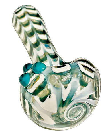 An image of a teal and white Wrap n' Rake Spoon Pipe.