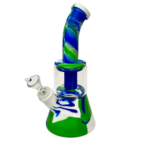 An image of a blue, green, and white Double Chamber Silicone Bong..