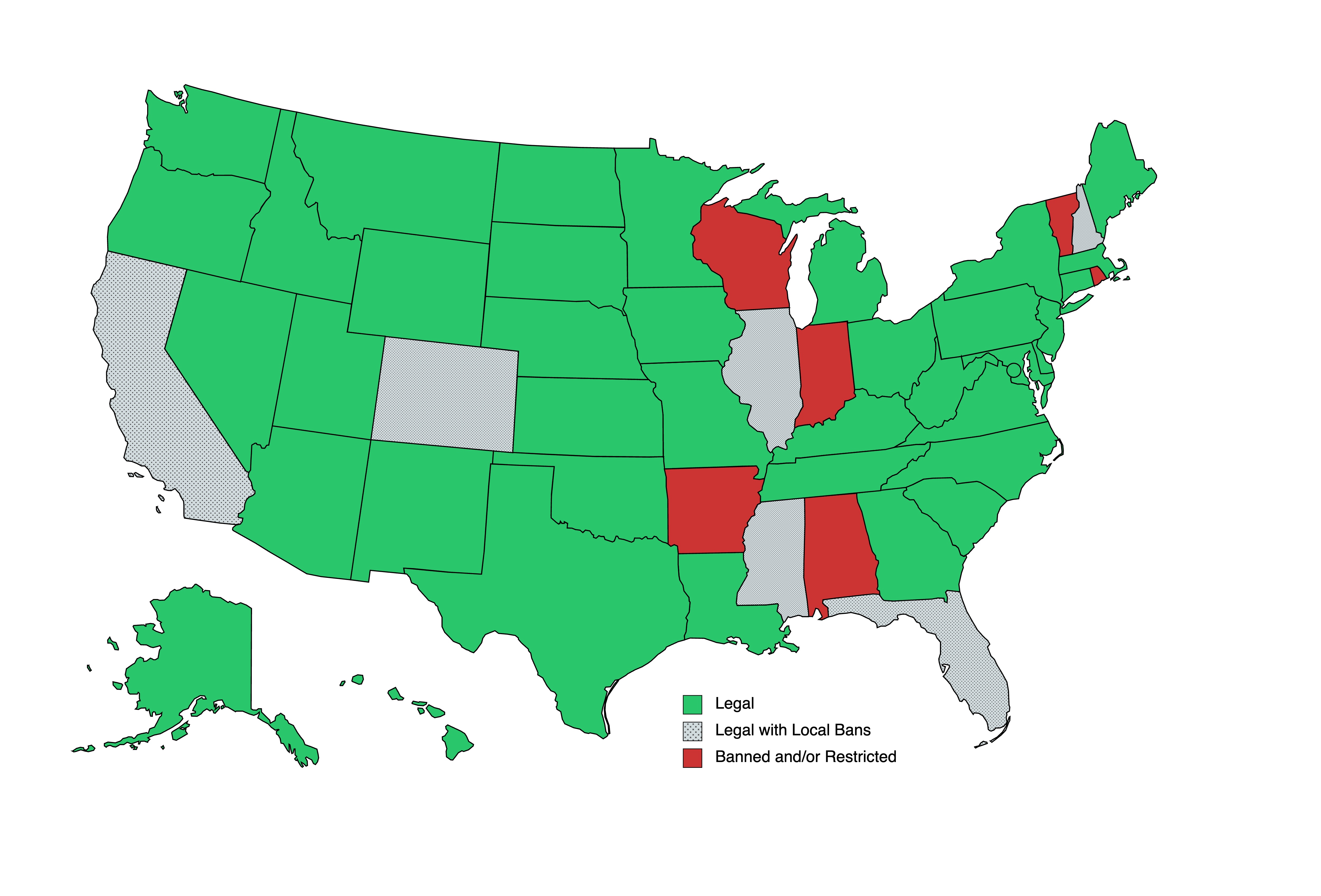A map of all the US states where kratom is legal, illegal, and restricted.