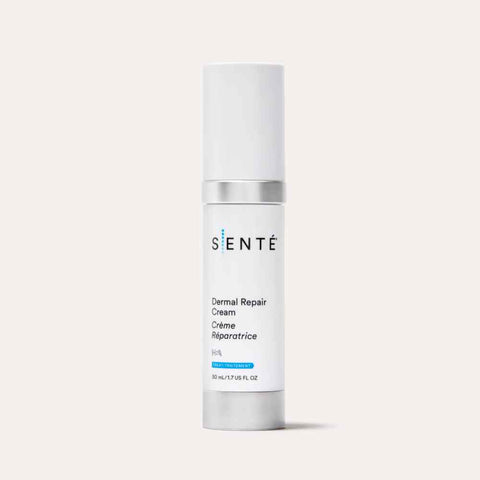 A white pump bottle of Senté Dermal Repair Cream