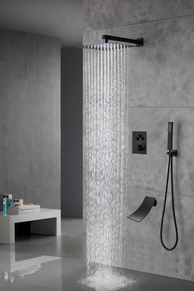 Modern Matte Black Wall Mounted 12 Rainfall Showerhead & Handheld Shower Set with Six Body Spray Jets Thermostatic Solid Brass