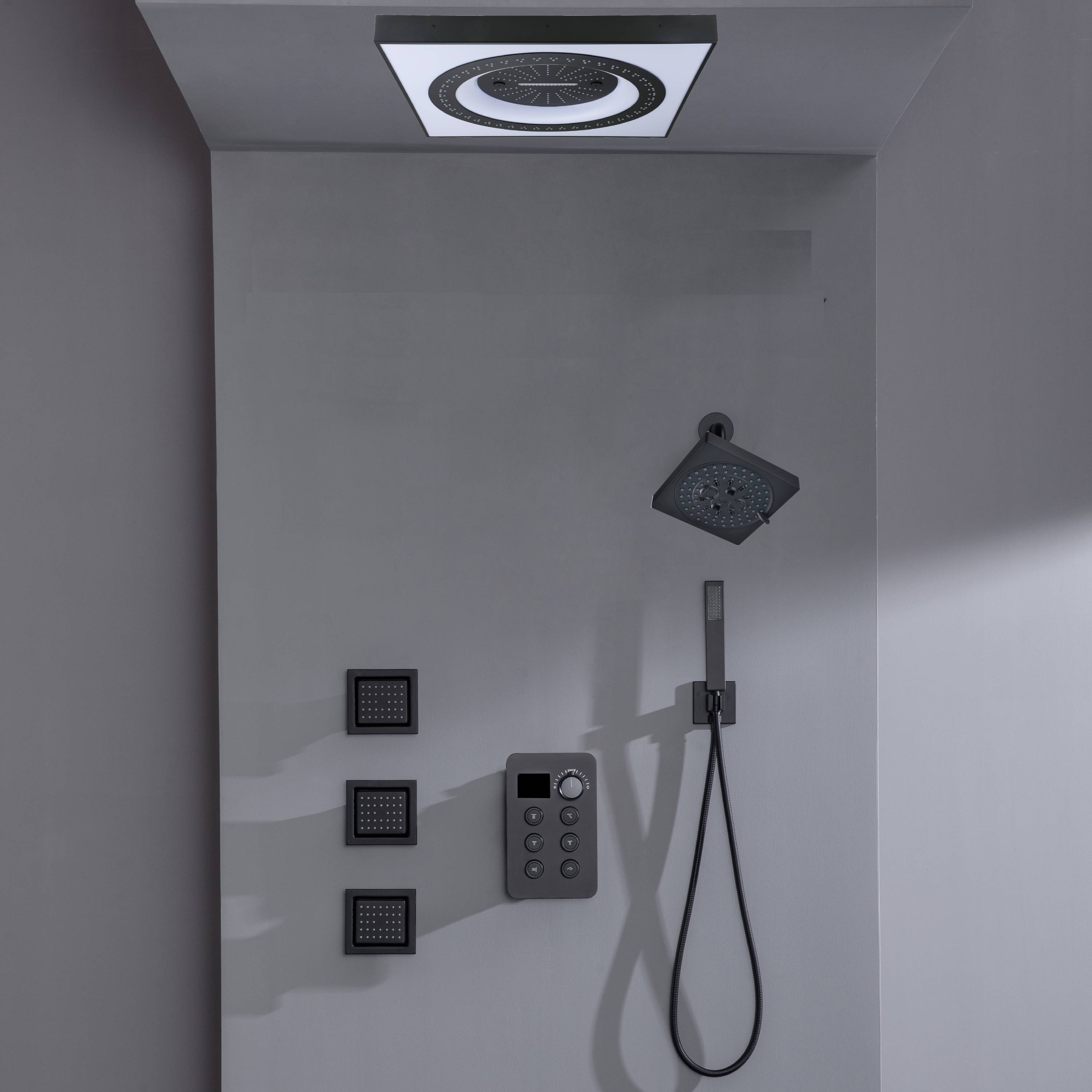 Brushed Gold or Brushed Nickel or Matte Black Flush mount 24 inch Shower Head 6 way Digital Display Shower Faucet with 6'' regular head and body jets