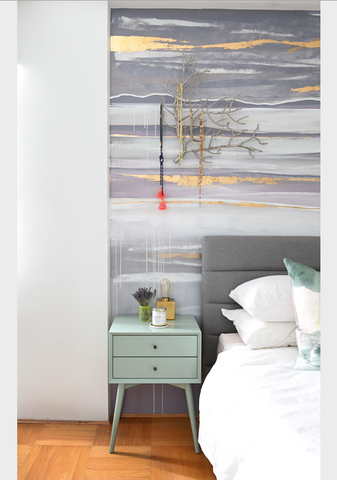 Bedroom Wall mural vignette, with mint green bedside tables personal decor touches to create a unique and beautiful space.  A custom wall mural is behind the grey upholstered headboard. 
