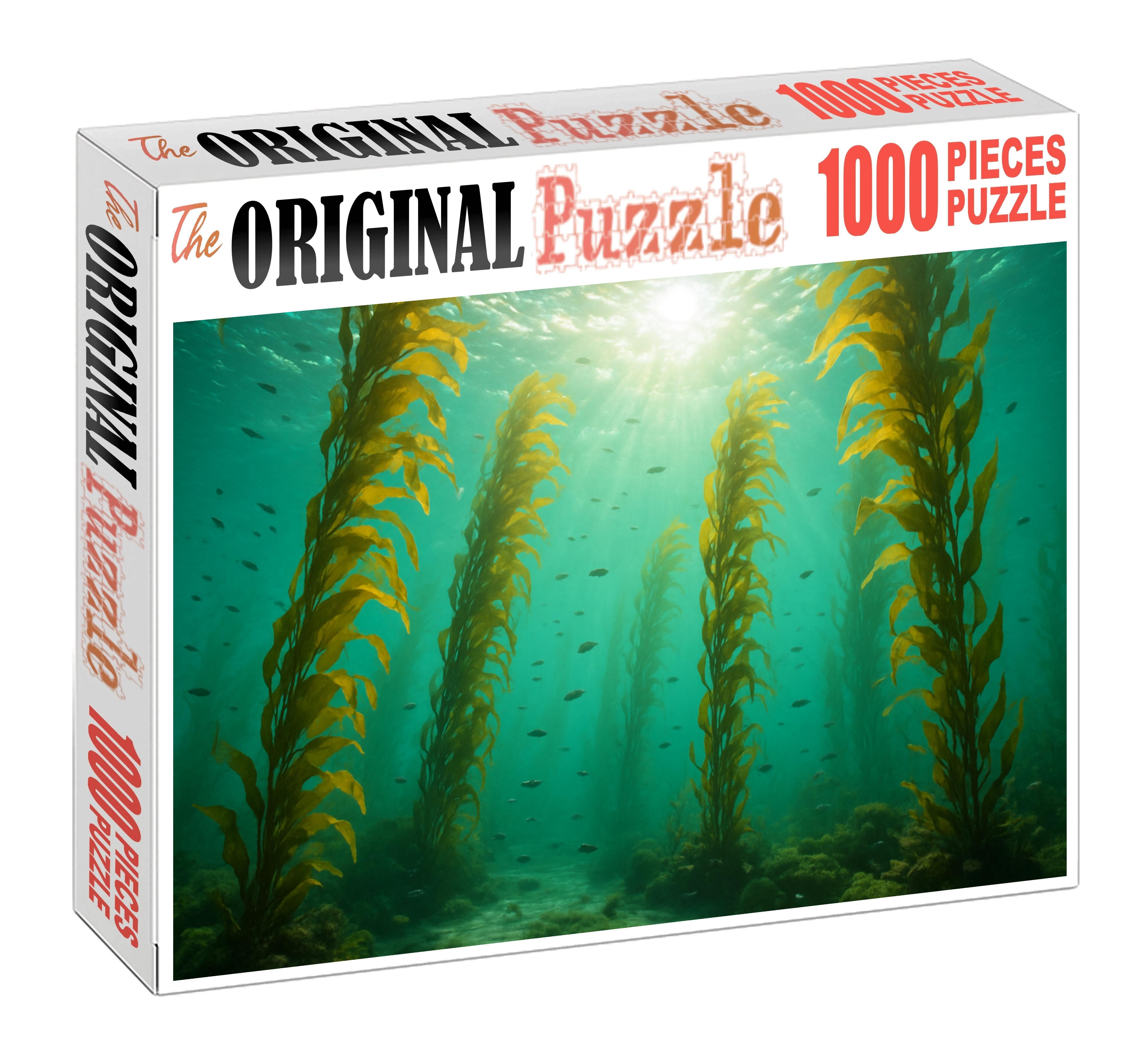 Towering Kelp Canopy Forest of Swaying Golden Fronds in Shallow Currents Wooden Jigsaw Puzzle