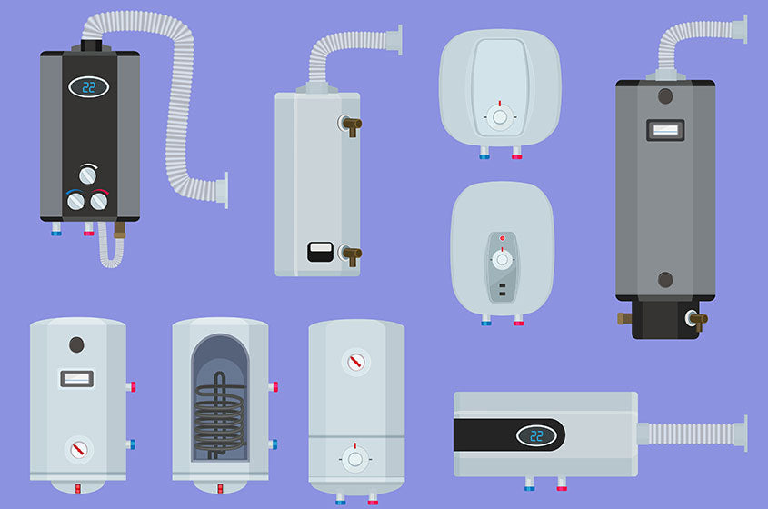 Heater systems. Water boiler house gas station warm technology vector set.