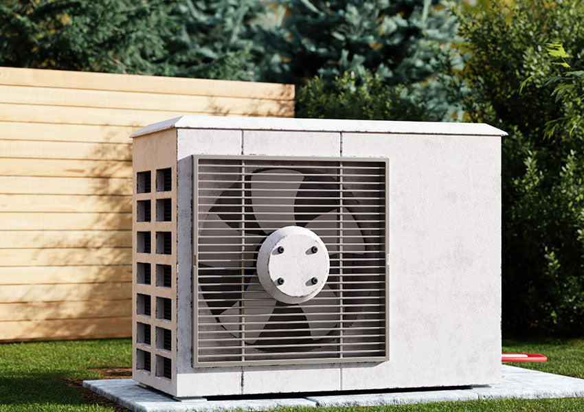 3d rendering of residential heat pump unit installed in the house garden