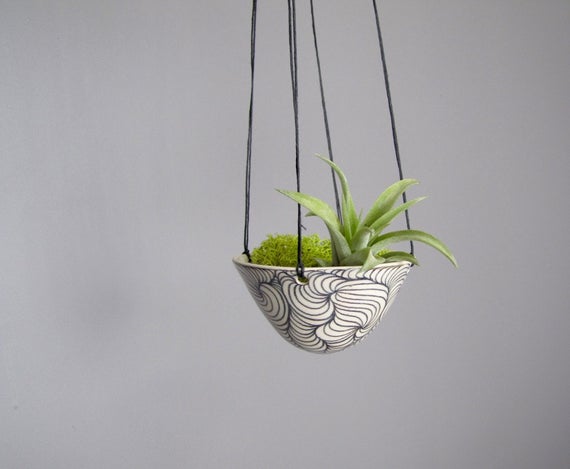 Hanging air plant holder, black and white hanging planter pottery