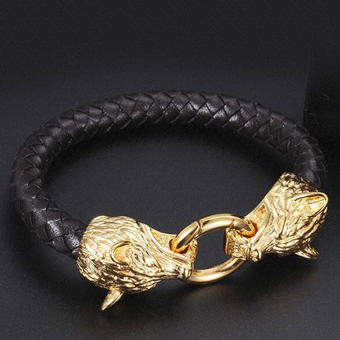 Bracelet Loup Geri et Freki Cuir et Or | Viking Héritage