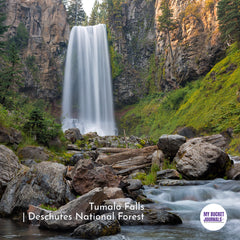 tumalo river falls waterfall cascading rocks in foreground, greenery