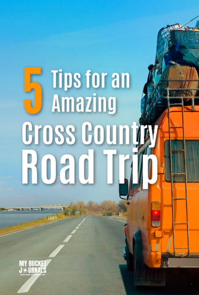 Orange van driving down a side road with text overlay 5 tips for an amazing cross country road trip