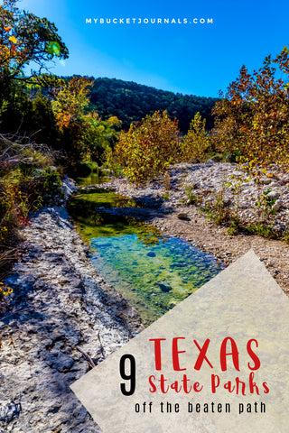 A Texas park with hillside, trees and stream with text overlay that says 9 Texas state parks off the beaten path
