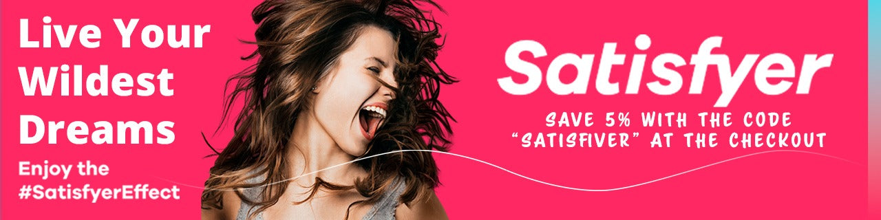 Live your wildest dreams. Enjoy the #SatisfyerEffect. In the middle is a headshot of a female expressing excitement, with the Satisfyer logo to the right. Save 5% with the Code“Satisfiver” at the checkout.
