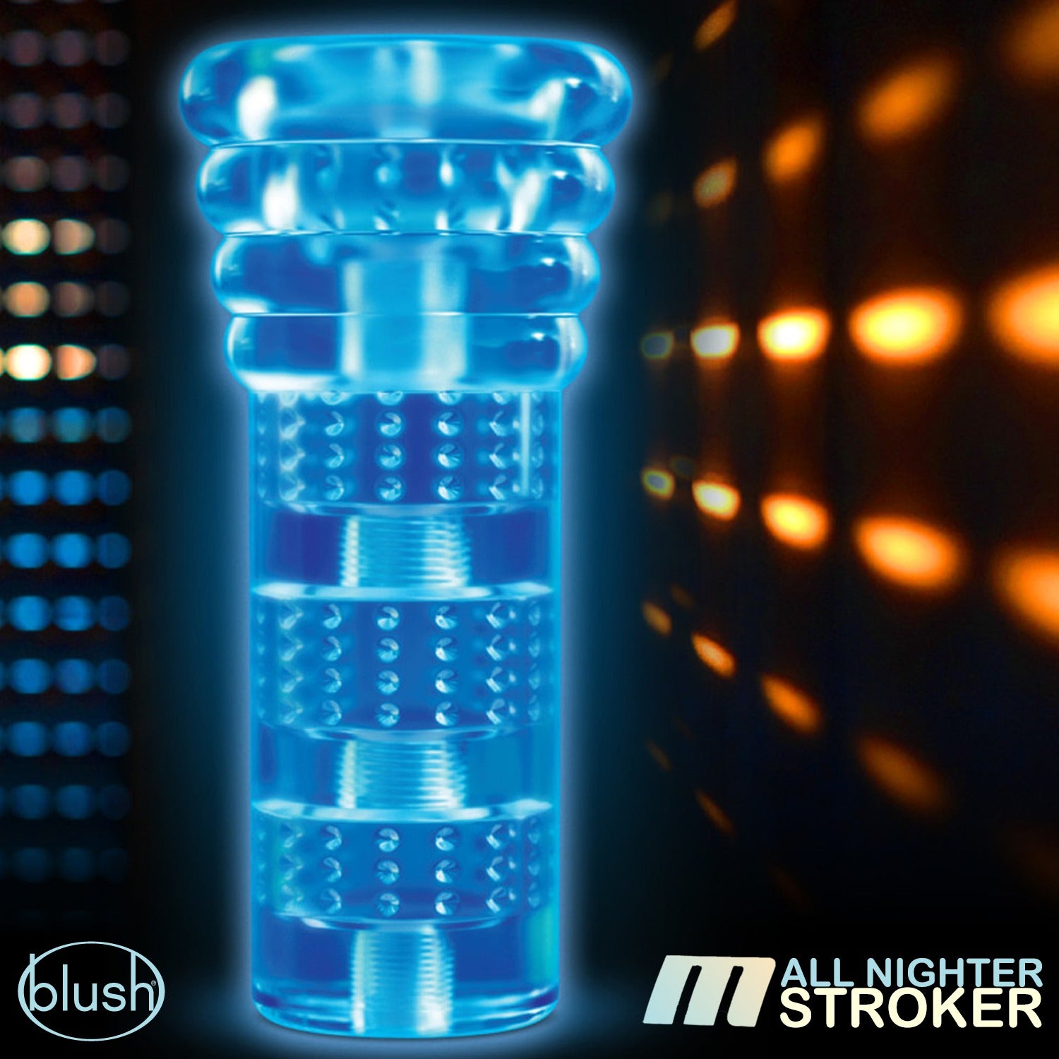 Side view of the blush M For Men All Nighter Glowing Textured Stroker, with glowing lights in the background. On the  bottom left side is the blush logo, and on the bottom right corner is the M For Men logo, with product name: All Nighter Stroker.