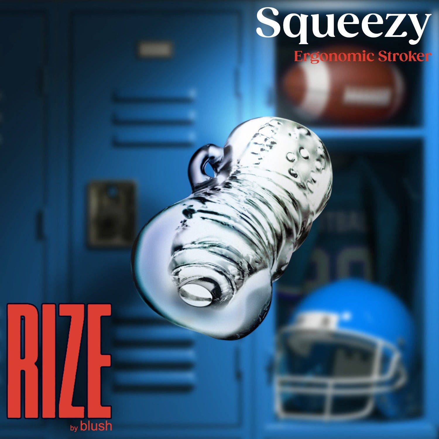 In the background of the image are lockers in what looks like a locker room the locker on the far right is open and inside it is visible an American football, with a helmet on the bottom shelf, and a jersey in the back of the locker hanging up. In focus is the blush Rize! SqueeSqueezy Ergonomic Stroker, bottom left Rizeroduct name Squeezy Ergonomic Stroker, bottom left Rize by blush logo.