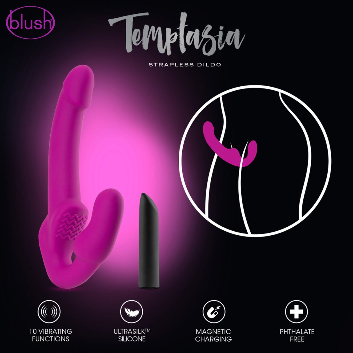 Temptasia Strapless Dildo. On the left side of the image is the blush Estella Strapless Dildo, with an image of the bullet vibe included beside. On the right side enclosed in a circle is an illustration of how to wear the product. On the bottom are product feature icons for: 10 vibrating functions; Ultrasilk Silicone; Magnetic charging; Phthalate free.