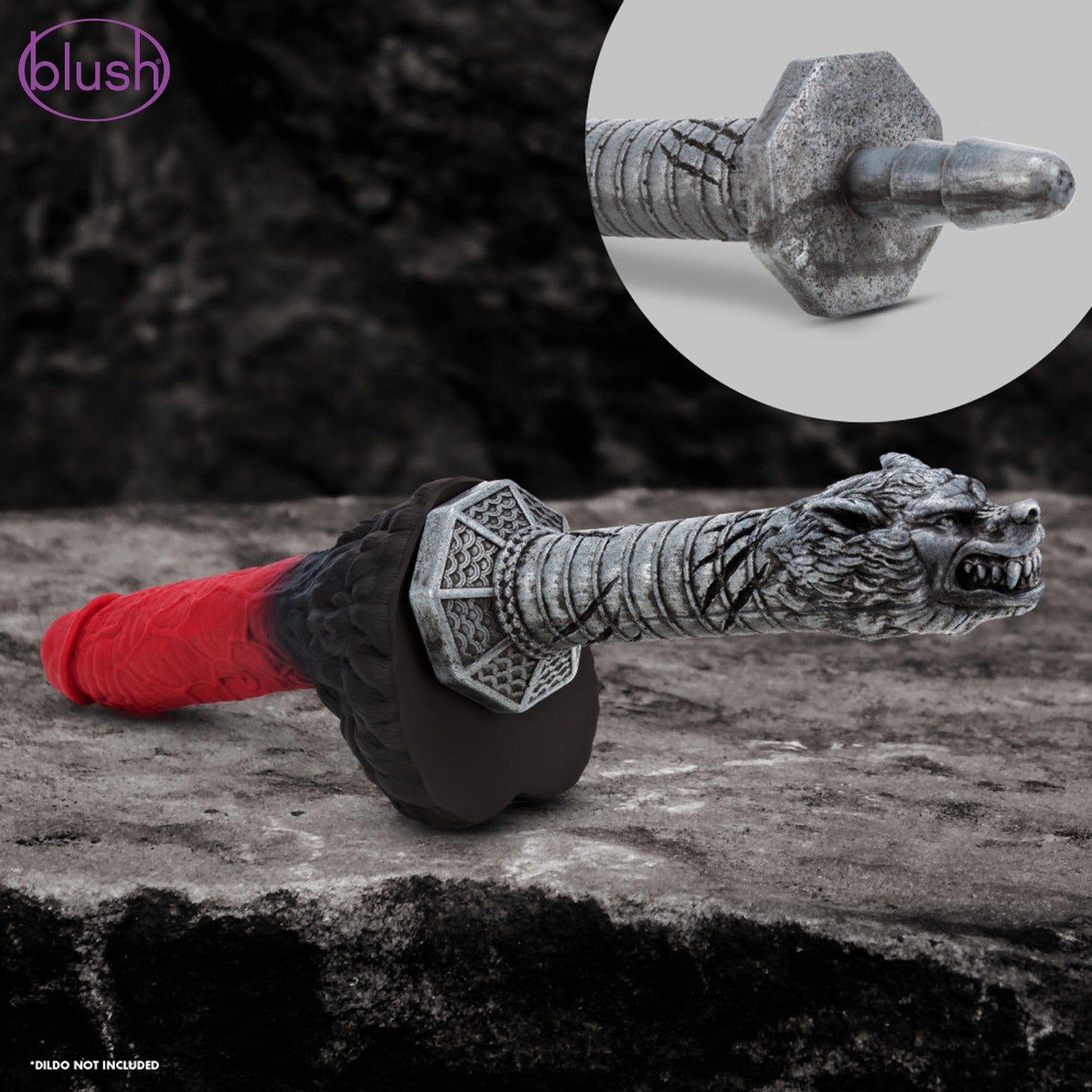 An image of the blush The Realm Rougarou Locked on the Lycan Warewolf Dildo, laying on a rocky surface. In the top right is a close up of the Lock On part of the handle, and in the bottom left "Dildo not included". On the top left is the blush logo.