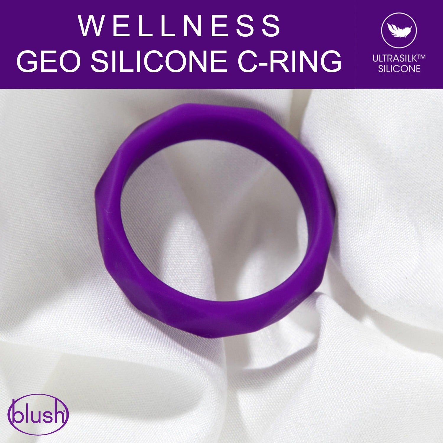 blush Wellness Geo Silicone C-Ring laying flat on white fabric. On the top is the product name: Wellness Geo Silicone C-Ring, and top right is an icon for Ultrasilk Silicone. At the bottom is the blush logo, and "Available at Playbay.ca"