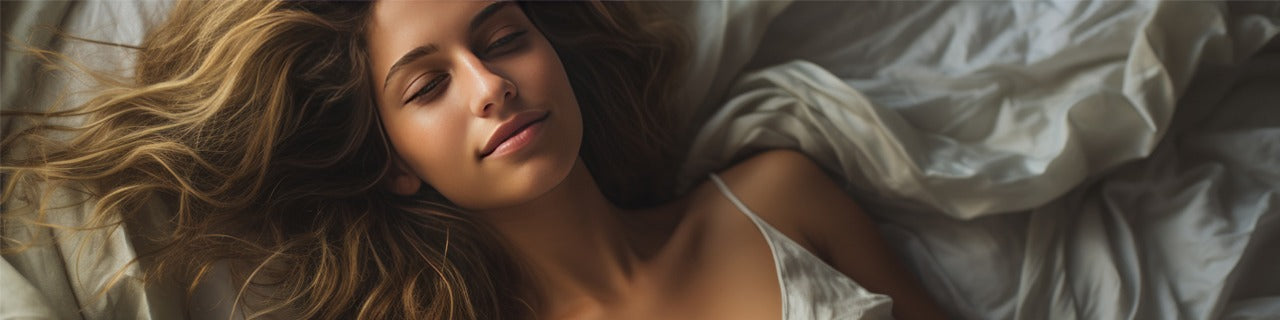 An AI generated image of a Elegant young woman lying on a bed, showcasing her beauty and style.