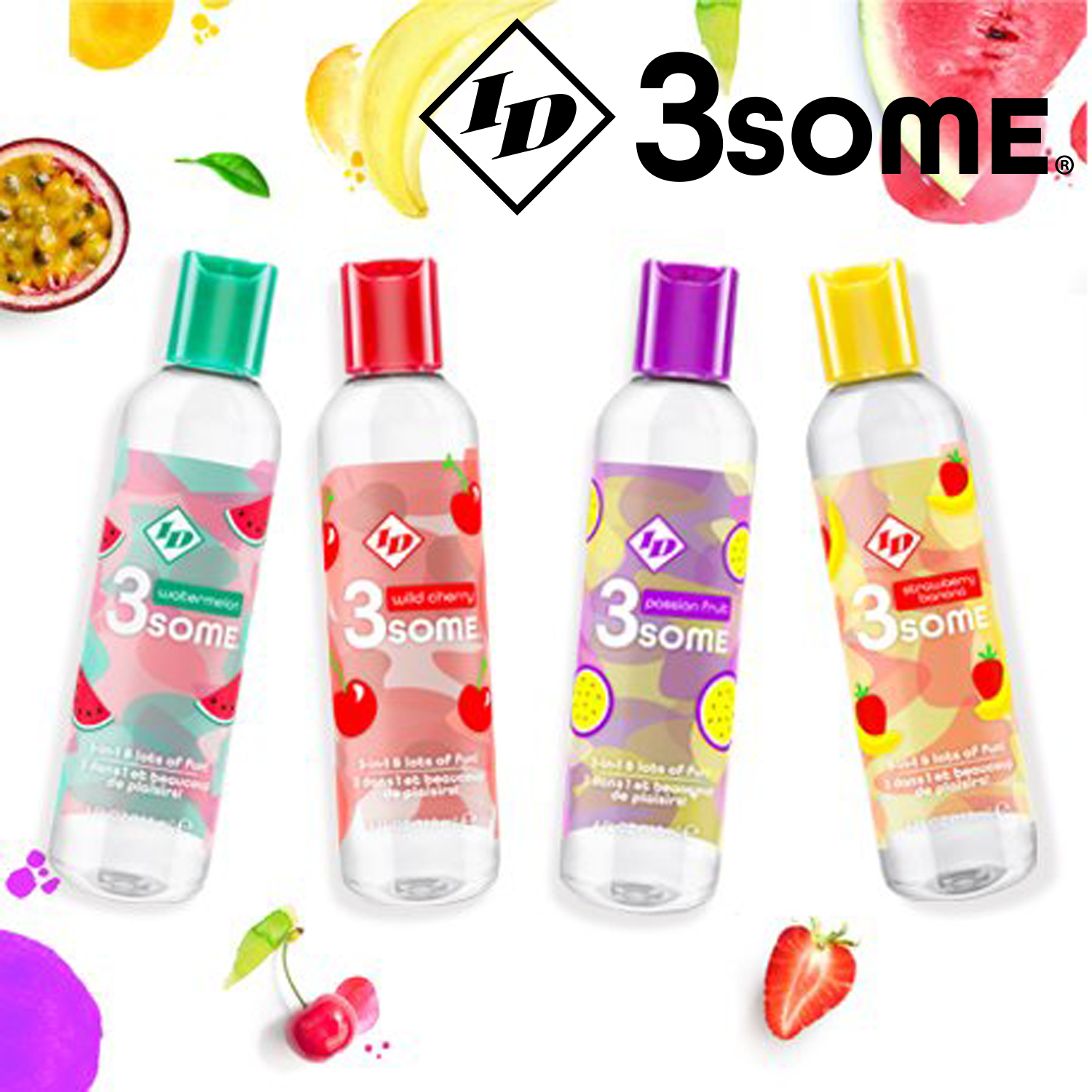 ID 3some logo displayed on the top right, with all four variants if ID 3some Flavoured Lubricant bottles (left to right): Watermelon; Wild Cherry; Passion Fruit; Strawberry Banana, and in the background are assort4ed fruits and berries showing the flavour profile.