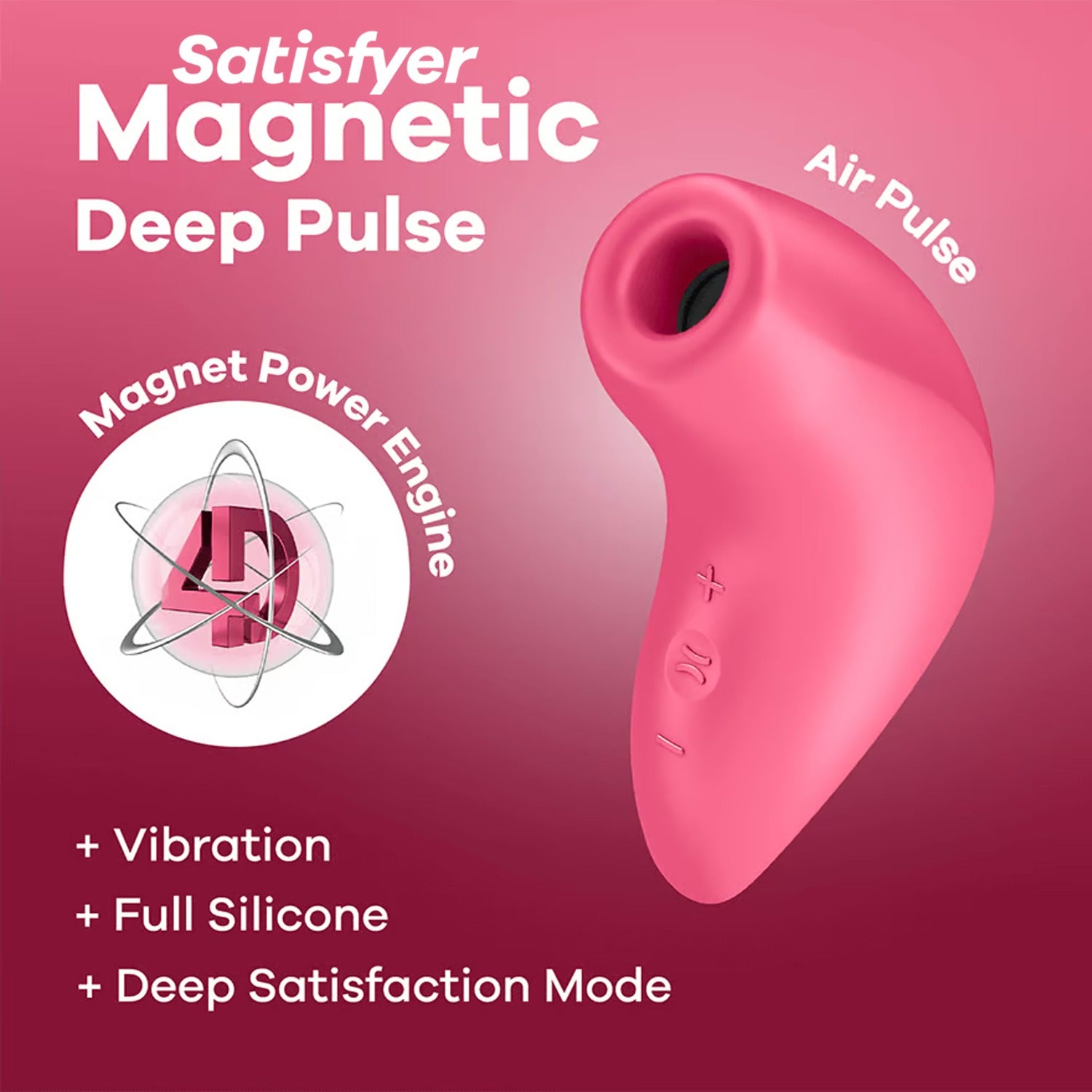 Satisfyer logo, Product name: Magnetic Deep Pulse, below is are feature icons for: Magnetic Power Engine; Vibration; Full silicone; Deep satisfaction Mode, and beside is an image of the Air Pulse Vibrator.