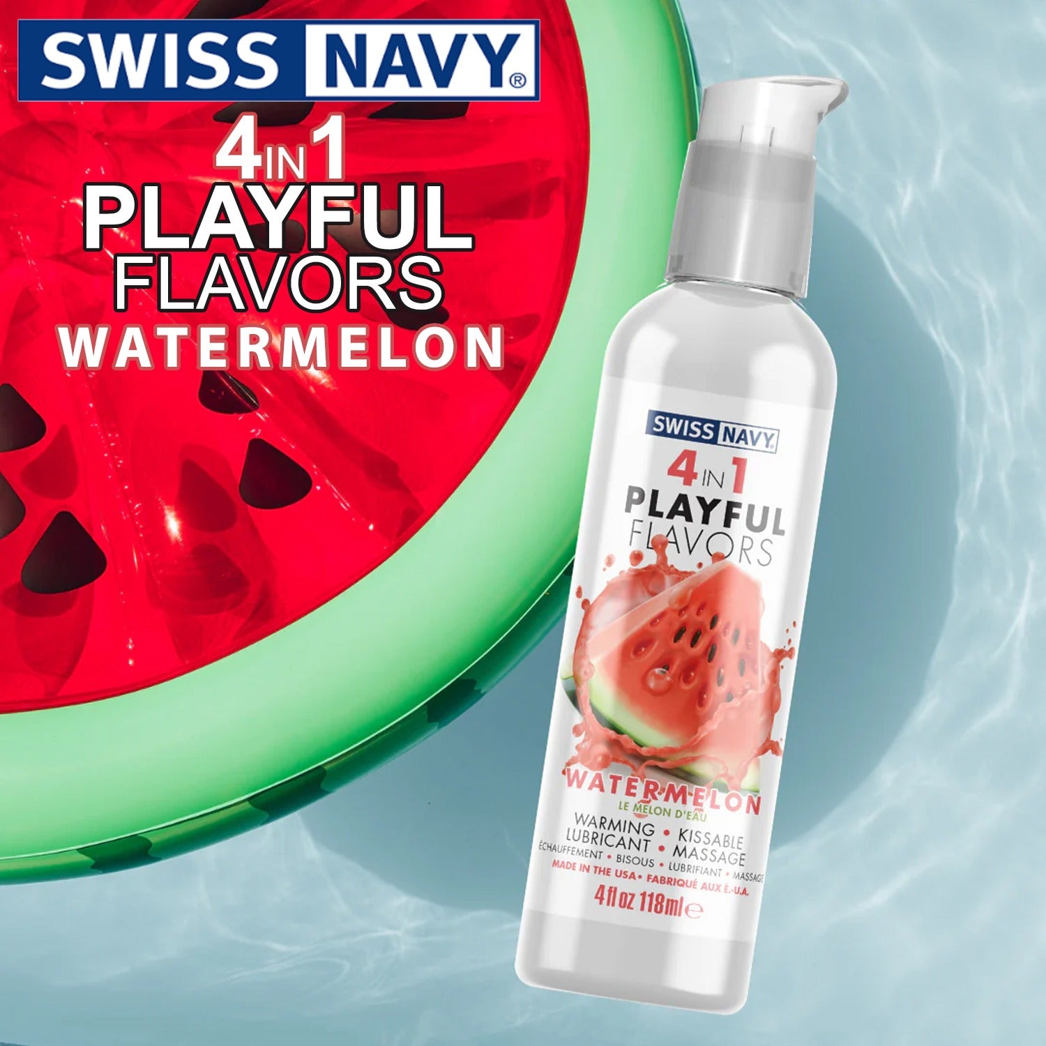 An illustrated image of a sliced open watermelon with a water in a swimming pool in the background, and a Swiss Navy 4 In 1 Playful Flavors Watermelon Warming, Kissable, Lubricant, Massage, Made in the USA 4 fl oz 118 ml bottle. On the top left is the Swiss Navy logo, product name: 4 In 1 Playful Flavors Watermelon, and on the bottom right "Available at Playbay.ca".