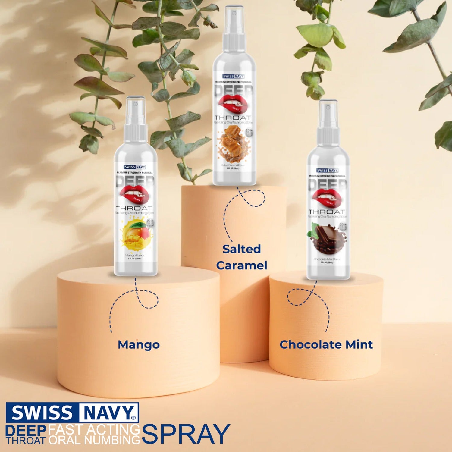 3 bottles of Swiss Navy Deep Throat Fast Acting Numbing Spray standing on display (from front to back): Mango Flavor, Chocolate Mint Flavor Salted Caramel Flavor. At the bottle is the Swiss Navy logo, product name: Deep Throat Fast Acting Oral Numbing Spray,