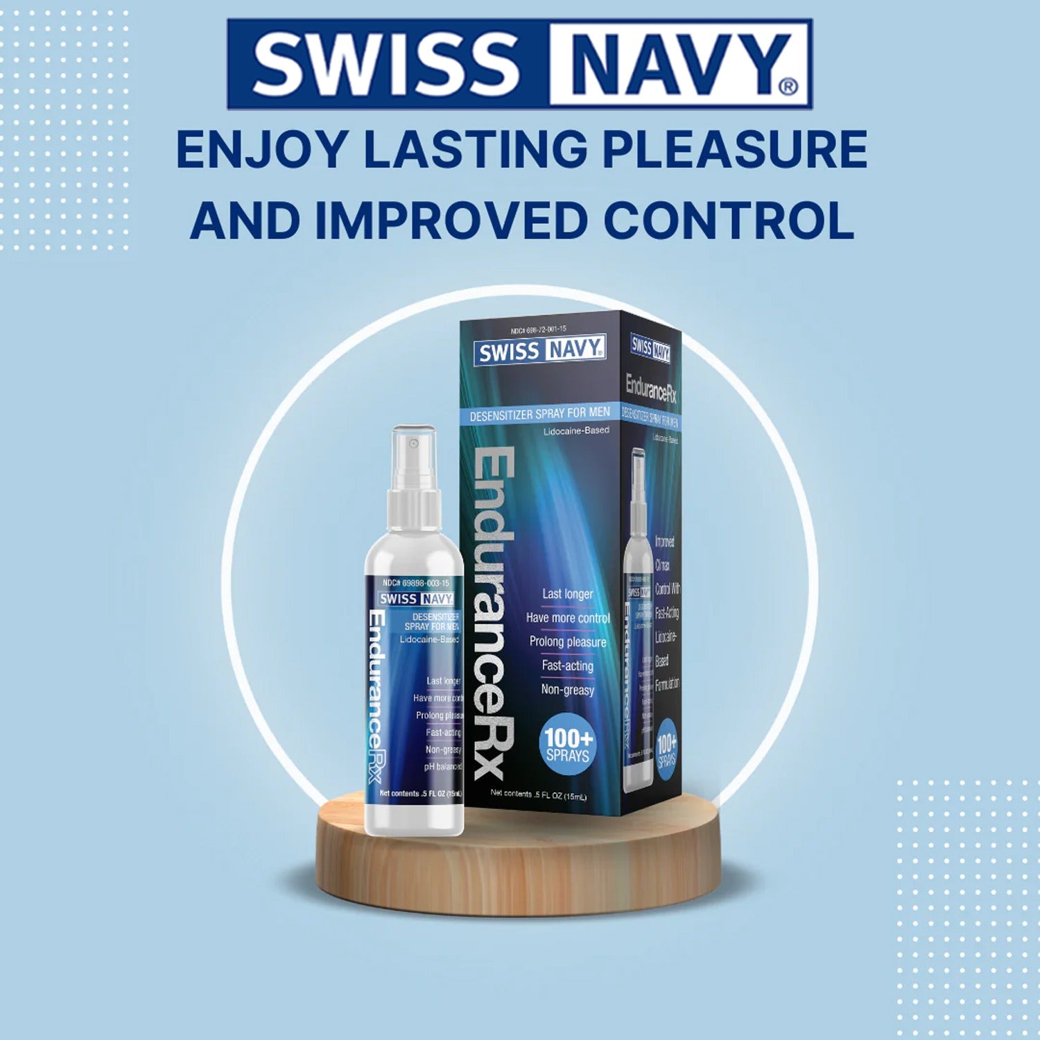 Swiss Navy Endurance RX Desensitizer Spray For Men 15 ml / 0.5 oz bottle standing in front of its packaging box on a wooden stand with a white circle around the product. Swiss navy logo on top, and "Enjoy lasting pleasure and improved control" printed below.