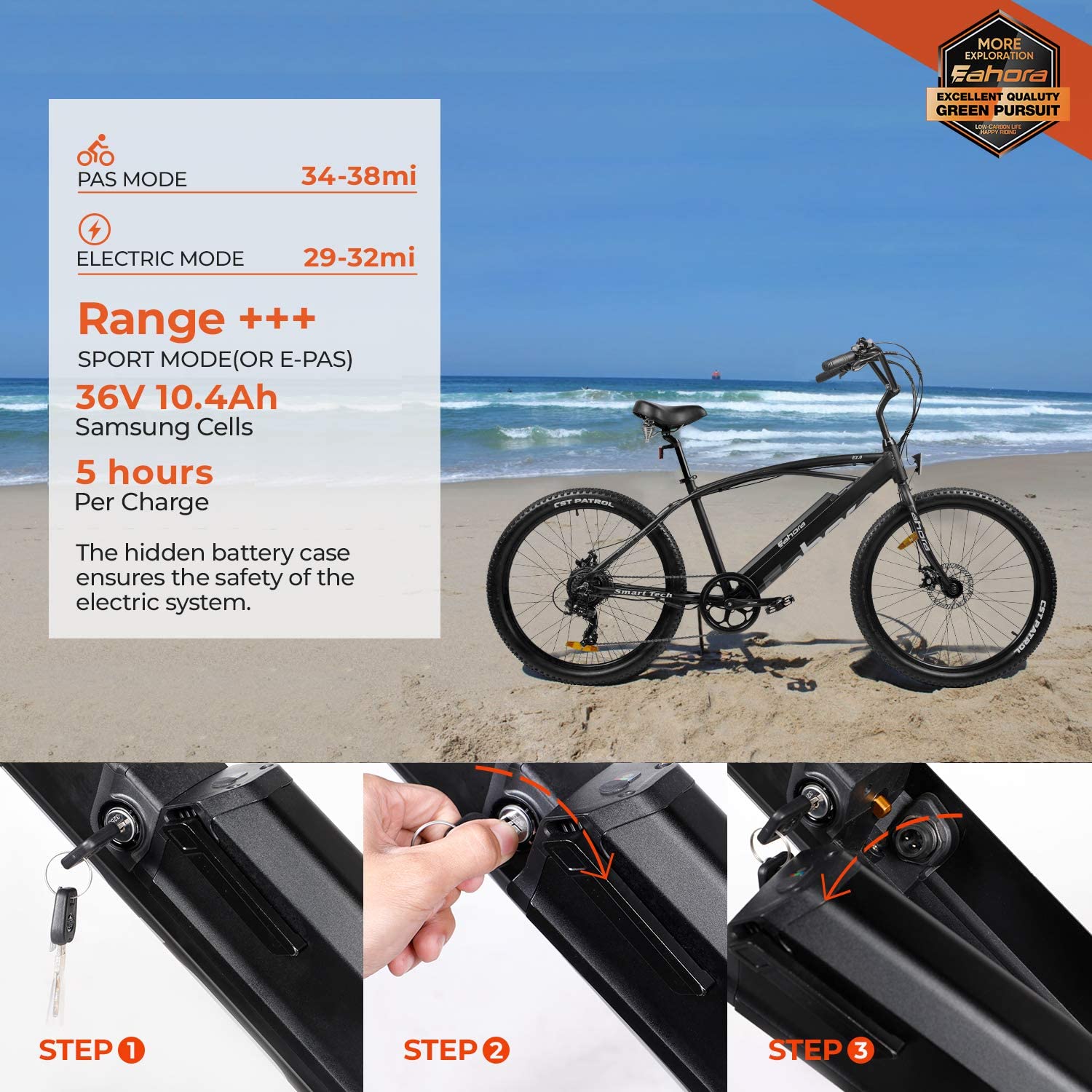 eahora 26 inch beach cruiser electric bicycle 36v 10.4 ah battery urban electric bike 350w ebike