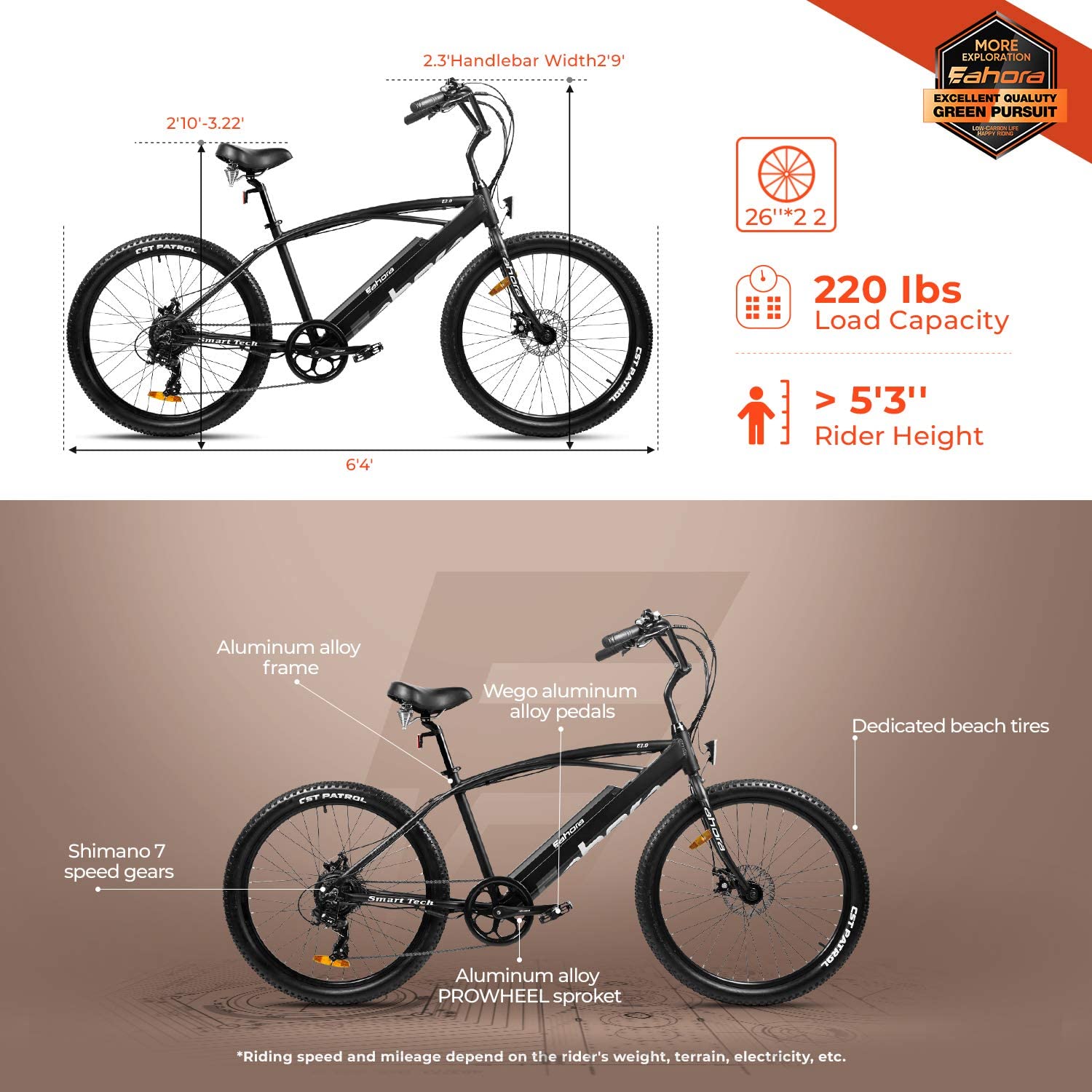 eahora 26 inch beach cruiser electric bicycle 36v 10.4 ah battery urban electric bike 350w ebike