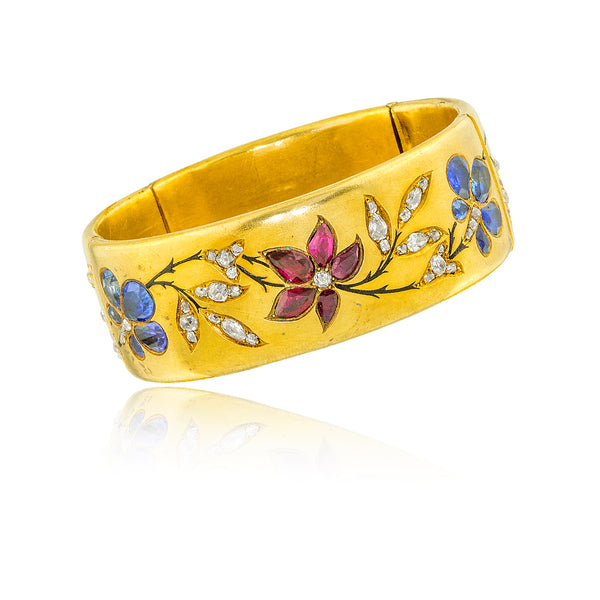 Floral Ruby Diamond + 18K Gold Bangle Bracelet