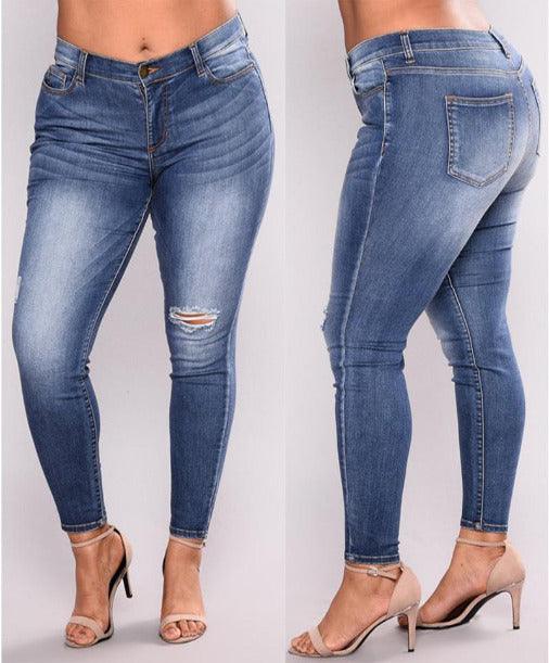 Plus size rip high elastic jeans woman jeans